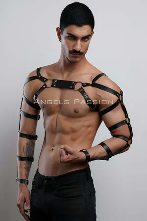 Black Faux Leather Adjustable Chest and Arm Harness