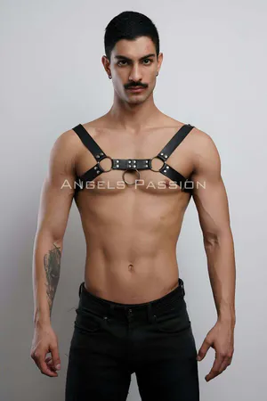 Black Faux Leather Body Harness with O-Rings and Adjustable Straps