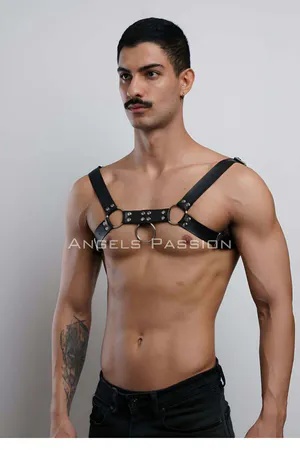 Black Faux Leather Body Harness with O-Rings and Adjustable Straps