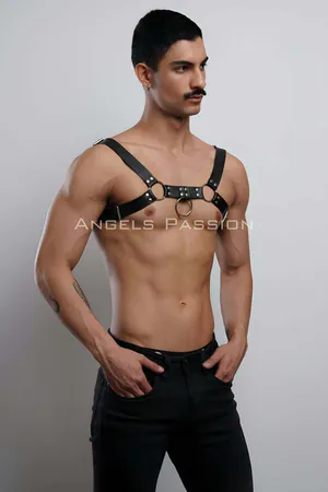 Black Faux Leather Body Harness with O-Rings and Adjustable Straps