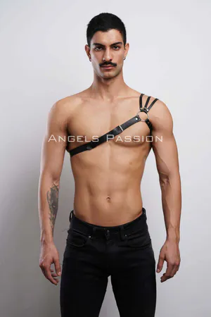 Black faux leather single strap chest harness with O-ring detail