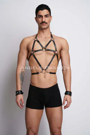 Black Faux Leather Geometric O-Ring Chest Harness for Women