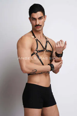 Black Faux Leather Geometric O-Ring Chest Harness for Women