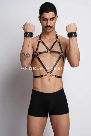 Black Faux Leather Geometric O-Ring Chest Harness for Women