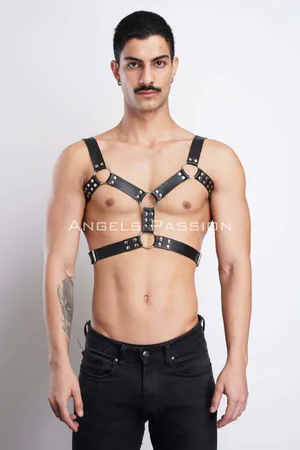 Black Studded Faux Leather Chest Harness with O-Rings