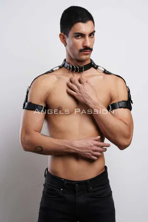 Black Faux Leather Choker and Shoulder Harness Set with O-Ring Accents