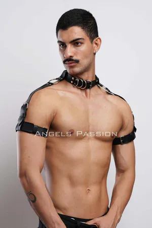 Black Faux Leather Choker and Shoulder Harness Set with O-Ring Accents
