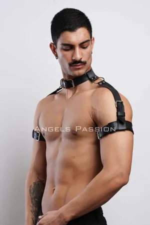 Black Faux Leather Choker and Shoulder Harness Set with O-Ring Accents