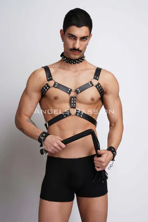 Black Studded Faux Leather Chest Harness and Spiked Choker Set on Model