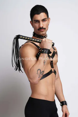 Black Studded Faux Leather Chest Harness and Spiked Choker Set on Model
