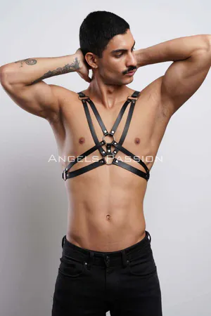 Black Faux Leather Strappy Chest Harness with Silver O-Rings