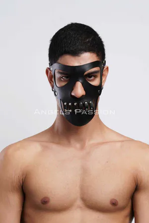 Black Faux Leather Skull Mask Men with Rivet Accents