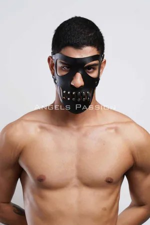 Black Faux Leather Skull Mask Men with Rivet Accents