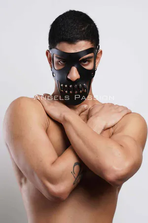 Black Faux Leather Skull Mask Men with Rivet Accents