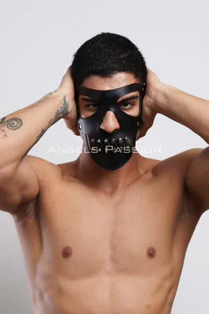 Black Faux Leather Skull Mask Men with Rivet Accents