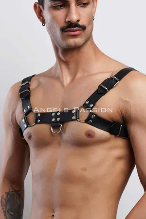 Studded Faux Leather Chest Harness Black Silver O-Rings Adjustable Straps
