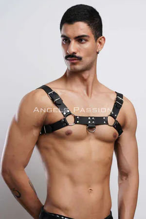 Studded Faux Leather Chest Harness Black Silver O-Rings Adjustable Straps