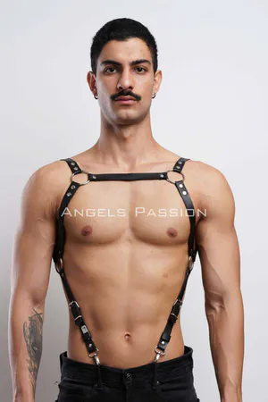 Black faux leather chest harness with silver O-rings and adjustable buckles