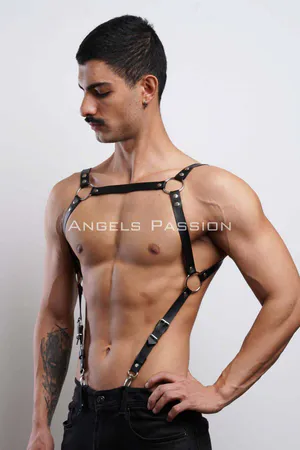 Black faux leather chest harness with silver O-rings and adjustable buckles