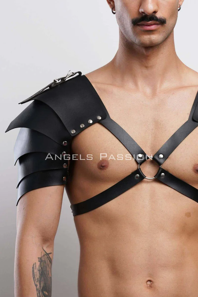 Black Faux Leather Shoulder Armor Harness O-Ring Detail