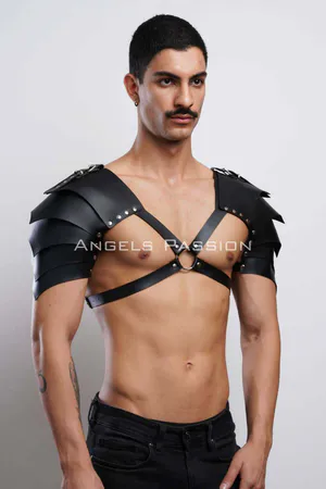 Black Faux Leather Shoulder Armor Harness with Spiked Shoulders