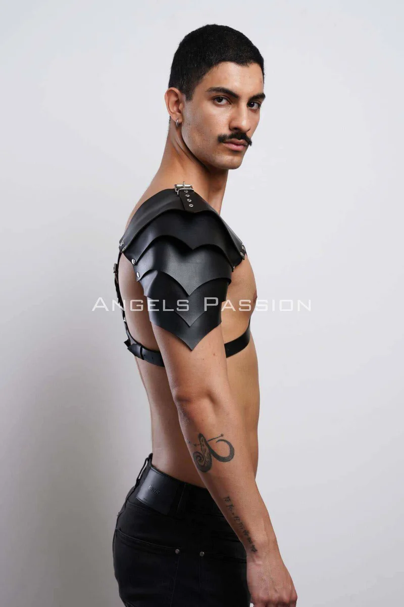 Black Faux Leather Shoulder Armor Harness Side Profile Spiked Design