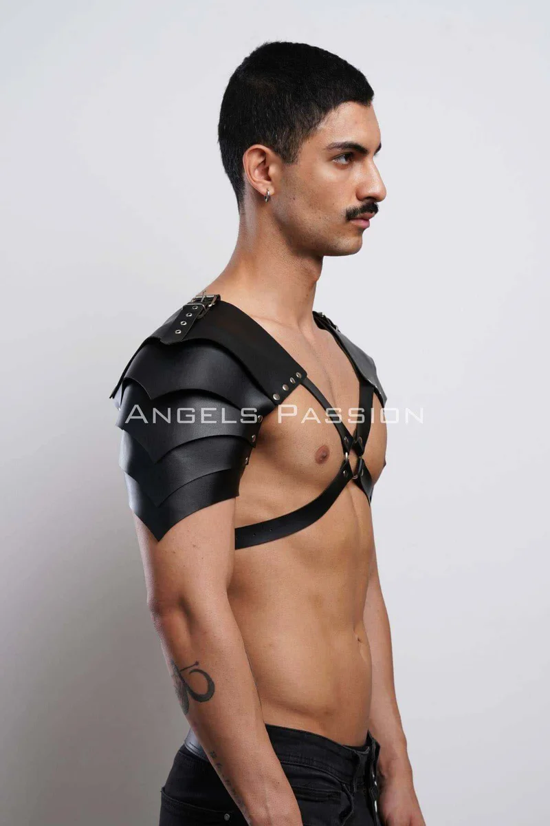 Festival fashion harness black faux leather layered shoulders