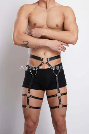 Black adjustable faux leather leg harness with O-rings and straps