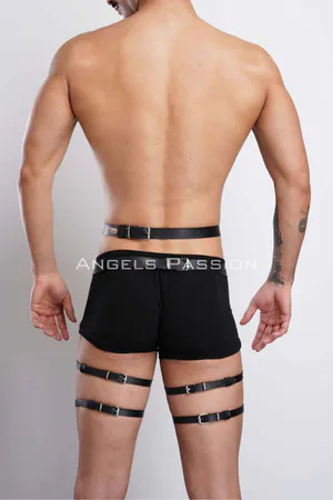 Black adjustable faux leather leg harness with O-rings and straps