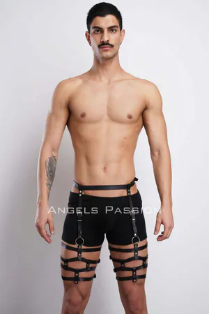 Black faux leather leg harness with adjustable straps and O-rings
