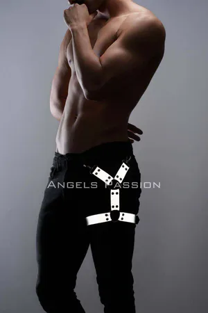 Reflective O-ring leg harness strap on dark pants