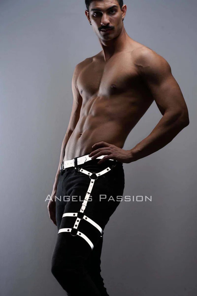 White festival leg harness with reflective straps showing multiple bands