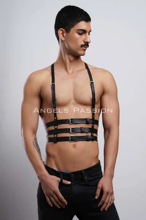 Black Faux Leather Chest Harness Triple Buckle Straps