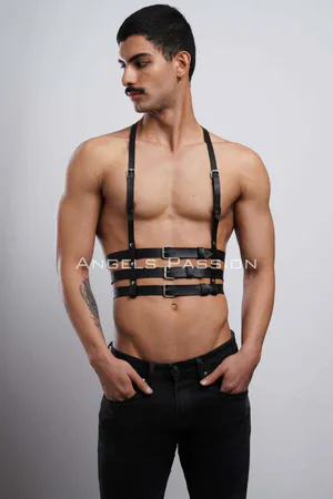 Black Faux Leather Chest Harness Triple Buckle Straps