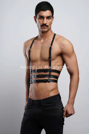 Black Faux Leather Chest Harness Triple Buckle Straps