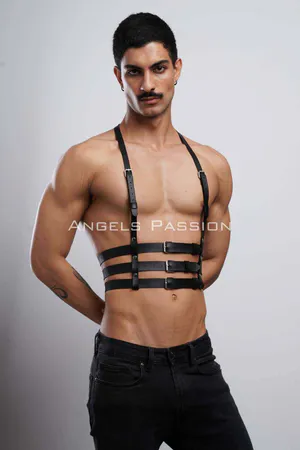 Black Faux Leather Chest Harness Triple Buckle Straps