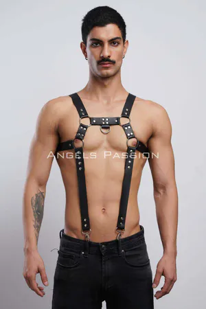 Black Faux Leather Chest Harness with O-Ring and Straps