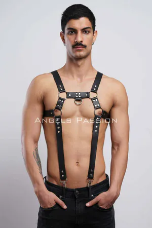 Black Faux Leather Chest Harness with O-Ring and Straps