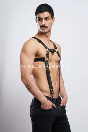 Black Faux Leather Chest Harness with O-Ring and Straps
