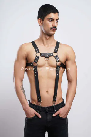 Black Faux Leather Chest Harness with O-Ring and Straps