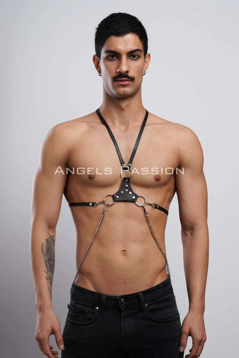 Black Faux Leather Chest Harness with O-Ring Detail and Chains