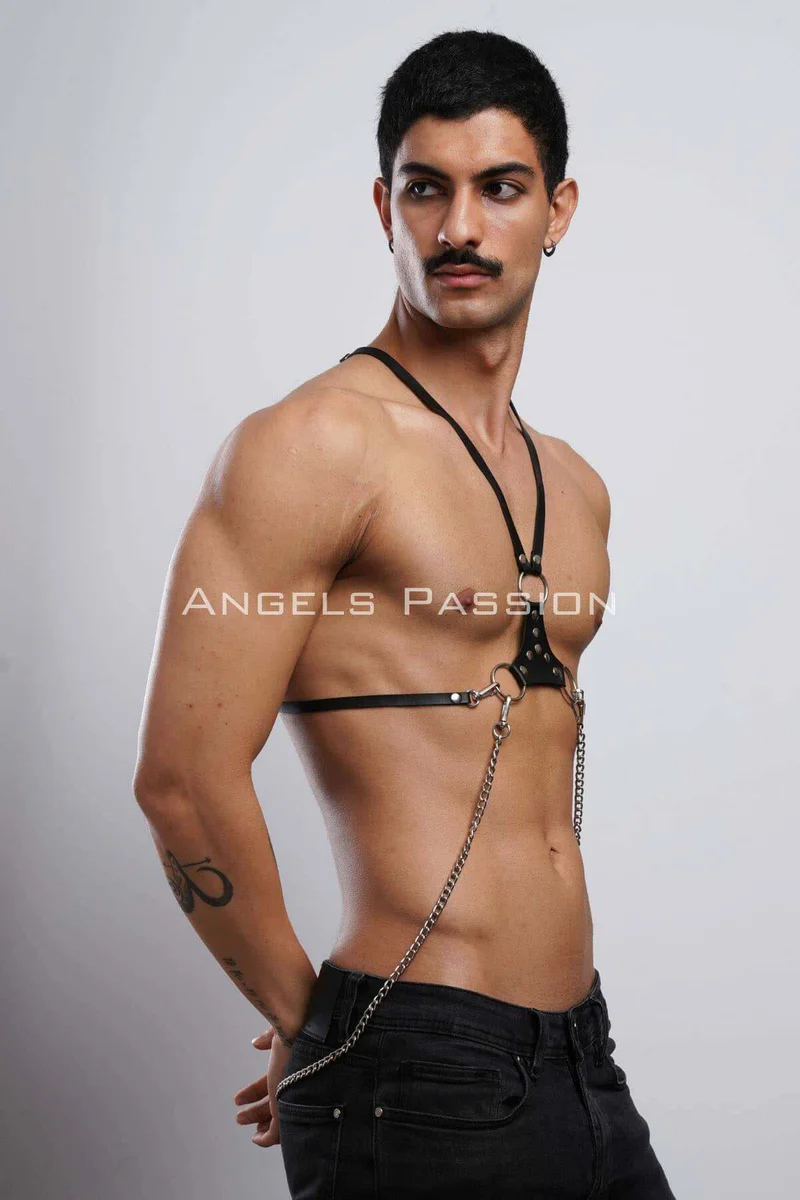Detachable Chain Accent on Black Faux Leather Harness
