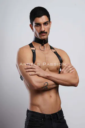 Black faux leather choker and chest harness set with O-ring detail