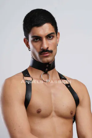 Black faux leather choker and chest harness set with O-ring detail