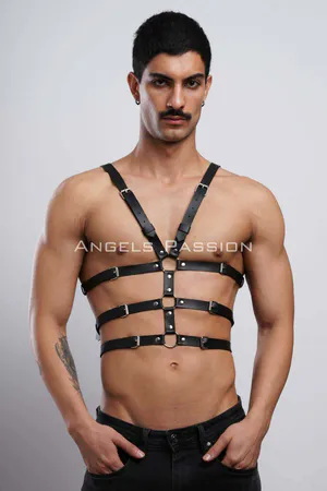 Black Faux Leather Chest Harness Men Adjustable Straps Silver D-Ring Hardware