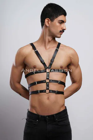 Black Faux Leather Chest Harness Men Adjustable Straps Silver D-Ring Hardware