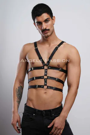 Black Faux Leather Chest Harness Men Adjustable Straps Silver D-Ring Hardware