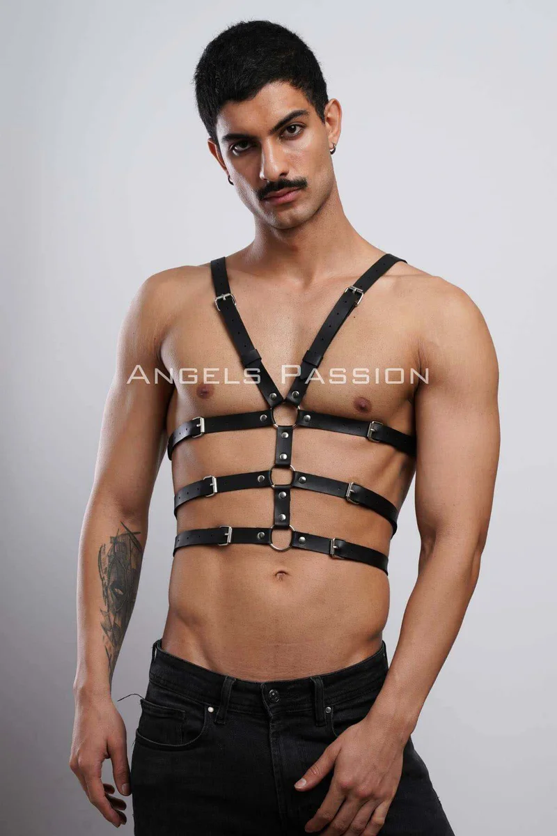 Close-Up of Black Faux Leather Harness Silver D-Ring Buckle Detail