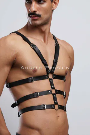 Black Faux Leather Chest Harness Men Adjustable Straps Silver D-Ring Hardware