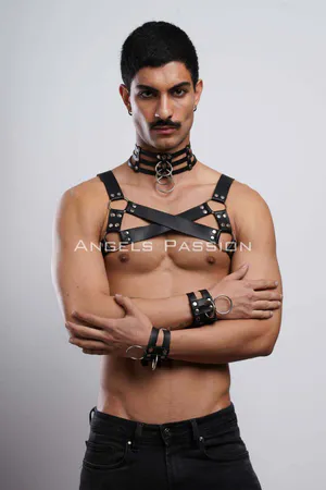 Black Faux Leather O-Ring Chest Harness with Collar Set